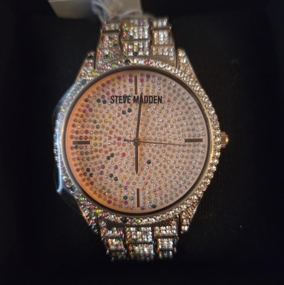 NWT Steve Madden NYC Rose Gold and Multicolor Crystal Womens Watch